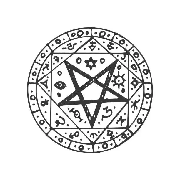 Vector illustration of Circle magic pentagram, round ethnic amulet sketch