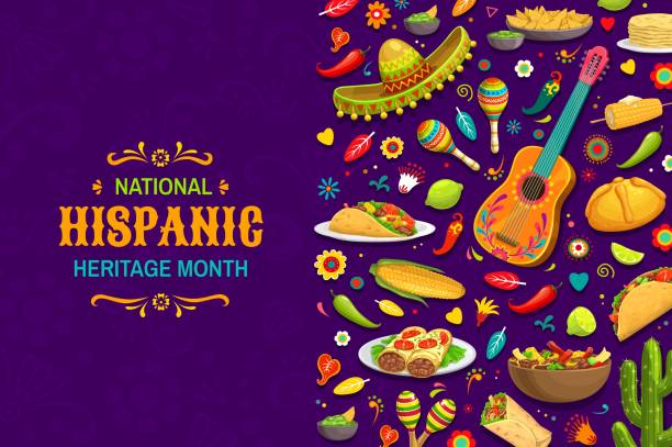 hispanic heritage banner mit mexikanischem tex-mex-essen - mexikanische küche stock-grafiken, -clipart, -cartoons und -symbole