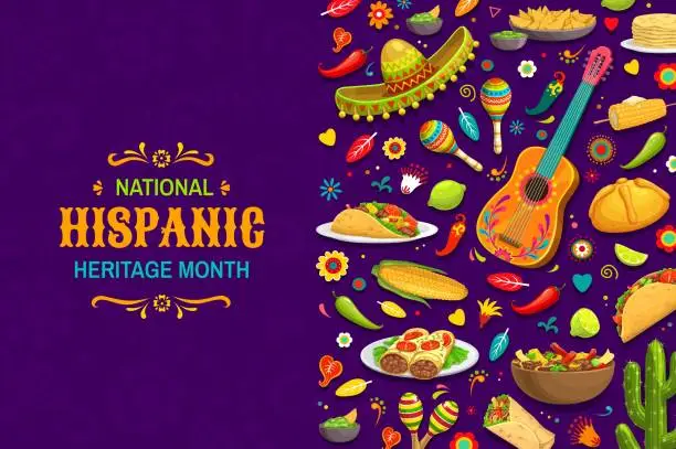 Vector illustration of Hispanic heritage banner with mexican Tex Mex food