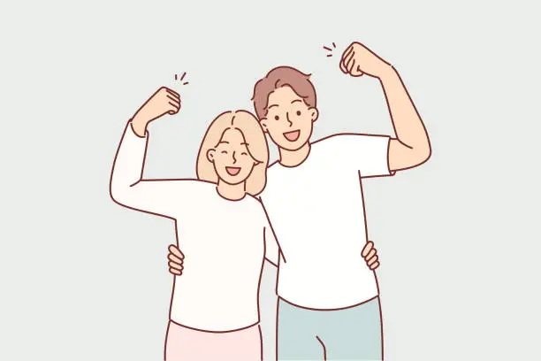 Vector illustration of Strong couple shows biceps and hugs, saying together we are strong, thanks to married