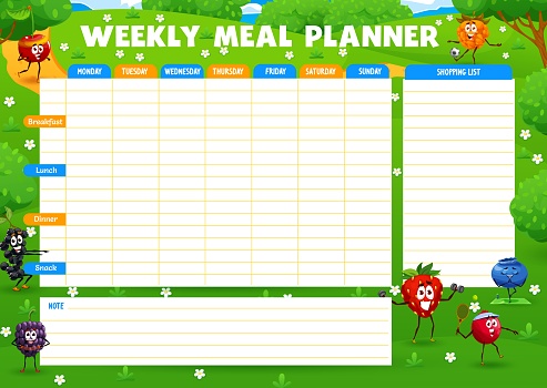 Weekly meal planner, cartoon cheerful berry characters on summer meadow, vector food plan. Funny cherry, blackberry and blueberry play summer football, tennis or fitness activity, diet eating schedule