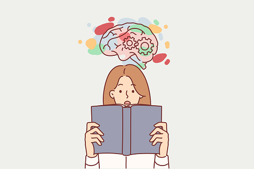 Woman student reads book and develops intellect, feeling delight and surge of emotions from gaining new knowledge. Surprised girl with book near brain pattern with gears and colorful spots