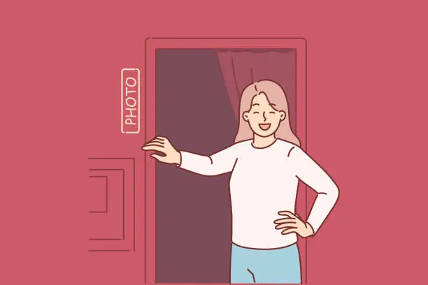 Vector illustration of Woman stands near photo booth and laughs, feeling surge of positive emotions before photoshoot