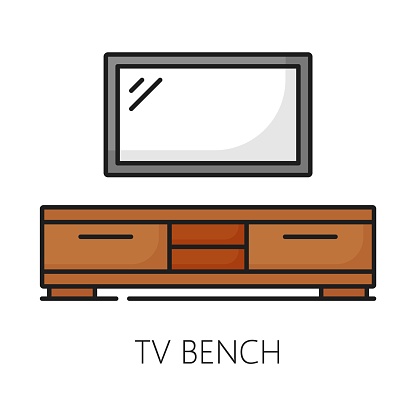 TV bench furniture icon, home interior and living room facility, vector line symbol. Wooden table or television stand with drawers in outline icon, living room lounge or household furniture pictogram