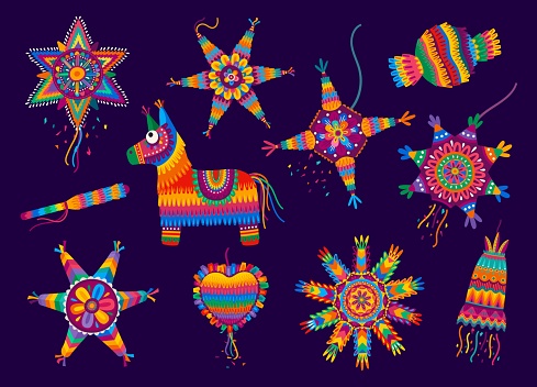 Cartoon mexican holiday pinatas. Vector set of popular decorative items in shape of donkey, star or heart, filled with candies and toys and are fun tradition during festivities and party celebrations