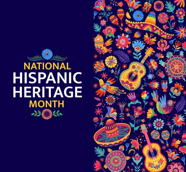 National hispanic heritage month festival banner National hispanic heritage month festival banner with colorful tropical flowers, sombrero and animals. Vector festival card features bold colors, cultural symbols and alebrije style floral pattern art and craft product stock illustrations