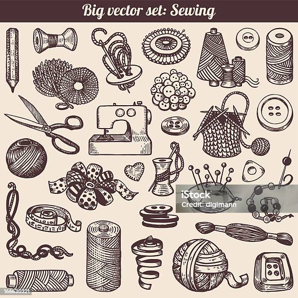 Ilustración de Costurero Y Needlework Vector Conjunto De y más Vectores Libres de Derechos de Aguja - Mercería - Aguja - Mercería, Botón - Mercería, Cinta