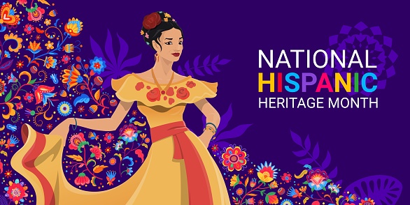 Dancing woman and tropical flowers on national hispanic heritage month festival banner. Vector background features female character flamenco dancer wear traditional dress and colorful blooms