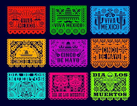 Papel picado mexican dia de los muertos holiday flags, day of the dead paper cut banners. Isolated vector laser cutting templates, traditional Mexico decoration with floral pattern, skulls, peppers