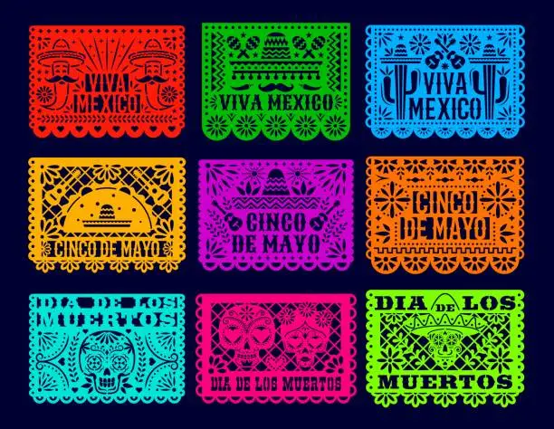 Vector illustration of Papel picado mexican dia de los muertos flags