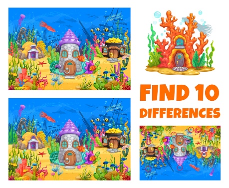 Find ten differences in underwater landscape with houses in shells, vector puzzle worksheet. Ocean home dwellings in sunken boat or treasure pot, kids quiz game to find ten differences in undersea