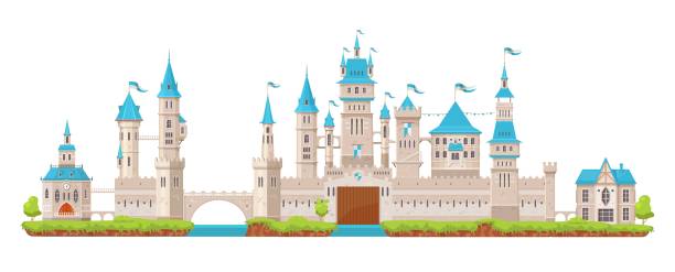 Palace, gate and towers, Medieval fortress castle Wall and palace, gate and tower turret of Medieval fortress castle, vector cartoon fort citadel. Ancient castle or fairy tale kingdom palace with fortification towers, river bridge and turret gates fairy door fairy tale antique stock illustrations