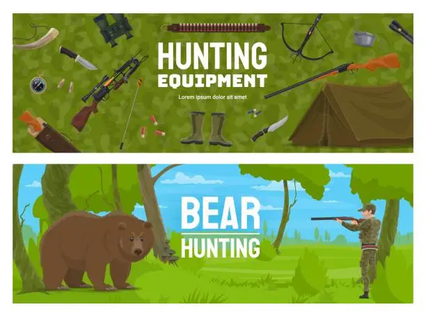 Vector illustration of Hunting sport equipment, bear animal with hunter