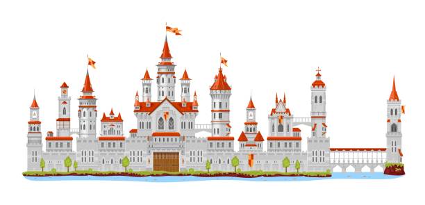 Medieval fortress castle tower turret, palace gate Medieval fortress castle tower and turret, wall and palace gate, bridge and fort, vector elements. Cartoon fantasy kingdom building, king fairy tale fortress castle or citadel of royal architecture fairy door fairy tale antique stock illustrations