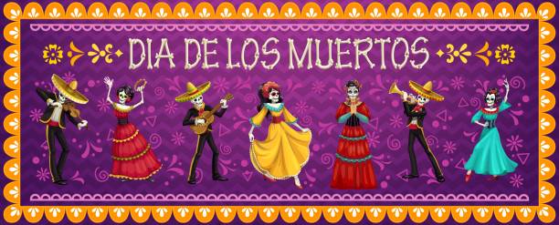 ilustraciones, imágenes clip art, dibujos animados e iconos de stock de personajes mexicanos de los días muertos, mariachi y catrin - huracán katrina