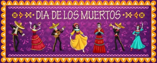 Vector illustration of Mexican dead day characters, mariachi and Catrin