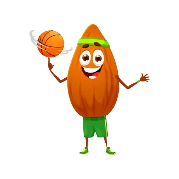 Vector illustration of Cartoon almond spins a basketball ball on finger