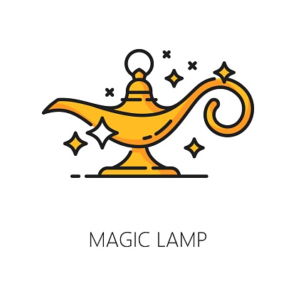Magic lamp, witchcraft and magic icon. Vector linear enchanting and mystical Aladdin lantern holds untold power and grants wishes. Symbol of possibility and wonder, extraordinary and transformations