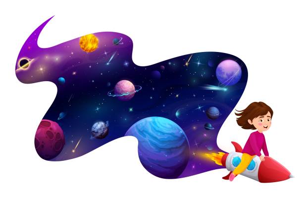 istock Cartoon kid girl flying on rocket, space landscape 1666308222