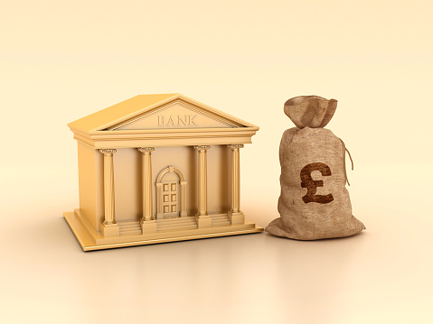 Bank Building with Pound Money Sack - Color Background - 3D Rendering