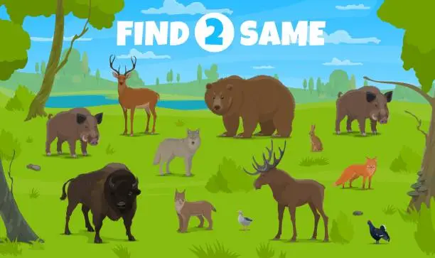 Vector illustration of Find two same forest animals, kids game or quiz