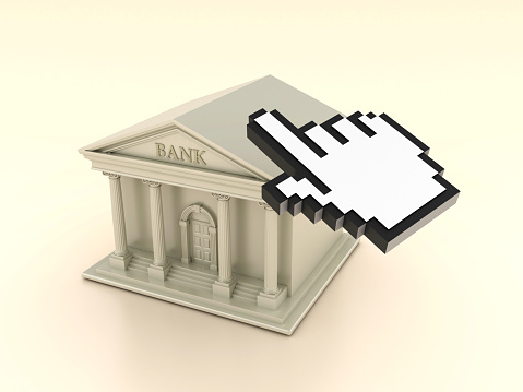 Bank Building with Hand Cursor - Color Background - 3D Rendering