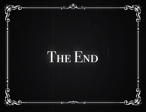 Silent movie cinema film End screen, vintage border frame. Vector background of retro movie theatre or cinema festival with classic black The End screen. Vintage cinematography and silent film poster