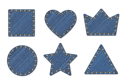 Denim texture shape, jeans patches of blue fabric with stitch, vector textile cloth labels. Denim jeans patches in square, heart, star or crown shape, round or triangle pocket frame with yellow thread