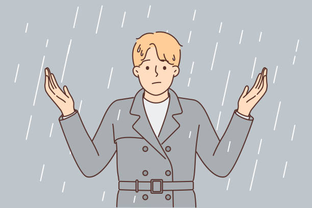 illustrazioni stock, clip art, cartoni animati e icone di tendenza di l'uomo sta sotto la pioggia e allarga le braccia, stressato a causa della mancanza di ombrello e tetto sopra la testa - weather vane