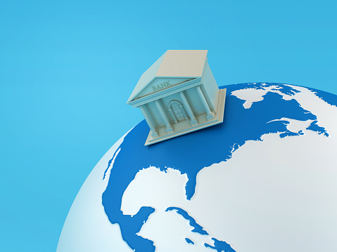 Bank Building on Globe World - Color Background - 3D Rendering
