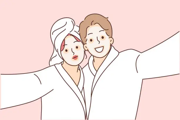 Vector illustration of Man and woman with cosmetic masks on faces, dressed in bathrobes to perform SPA treatments