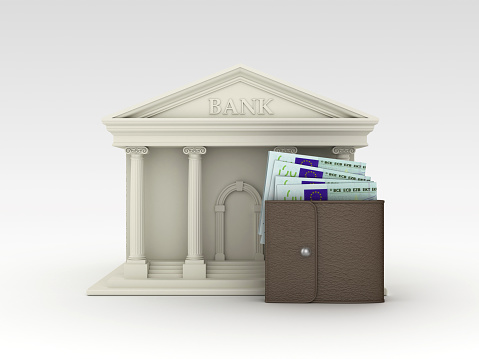 Bank Building  with Euro Wallet - Gray Background - 3D Rendering