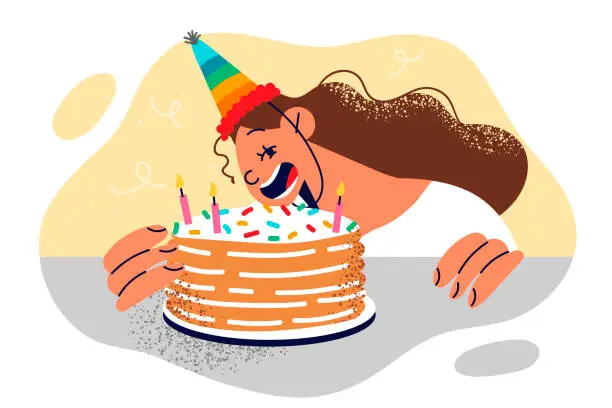 Vector illustration of Little girl in birthday hat blows out candles on cake and greedily bites festive dessert