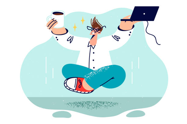 Man manager is meditating with laptop and mug coffee in hands, floating in air thanks to good mood Man manager is meditating with laptop and mug of coffee in hands, floating in air thanks to good mood. Corporate manager doing yoga to improve work productivity and get rid of negative thoughts laptop hover stock illustrations