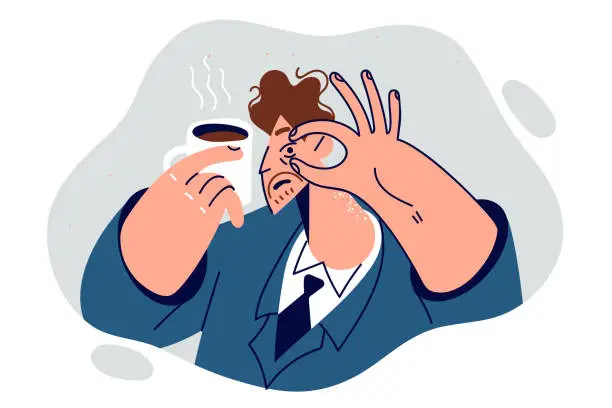 Vector illustration of Sleepy man holding mug of coffee and opening eye with hand, in need of rest or break