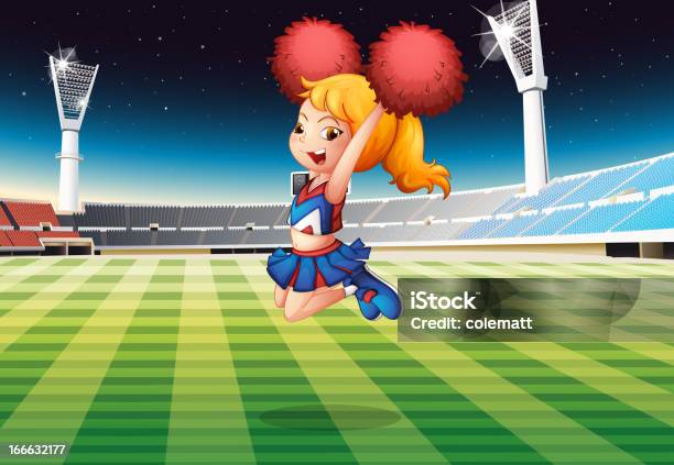 Cheerleader Dancing At The Stadium Stock Illustration - Download Image Now - Adult, Blue, Checked Pattern