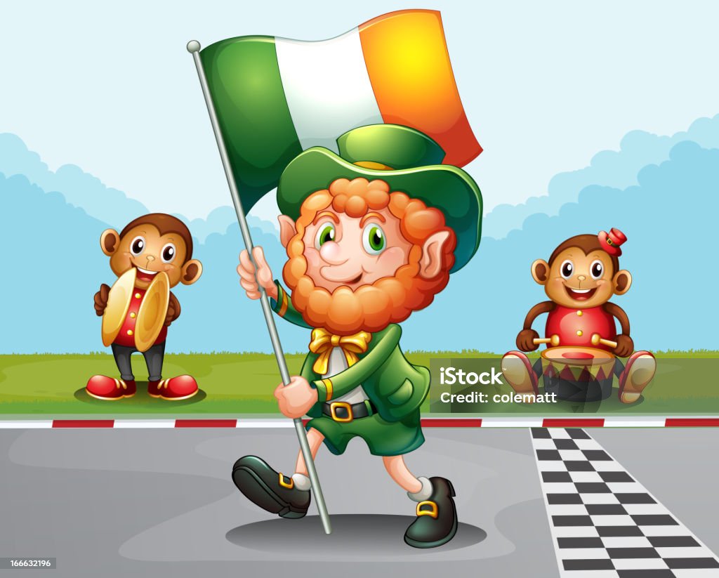 Человек, ходить по пути, держа Флаг Ирландии - Векторная графика Барабан роялти-фри