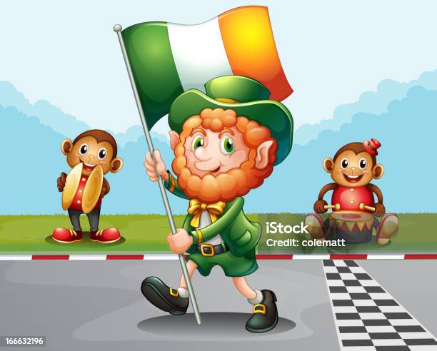 Человек Ходить По Пути Держа Флаг Ирландии — стоковая векторная графика и другие изображения на тему Барабан - Барабан, Векторная графика, Взрослый