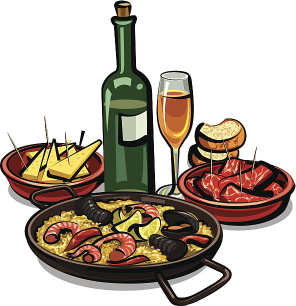 spanish cuisine spanish cuisine, paella with appetizers and wine spanish food stock illustrations