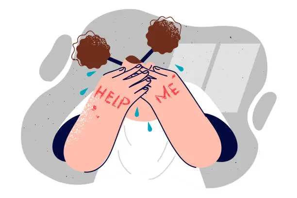 Vector illustration of Teenage girl is crying, covering eyes with hands with text help me, for concept of family violence