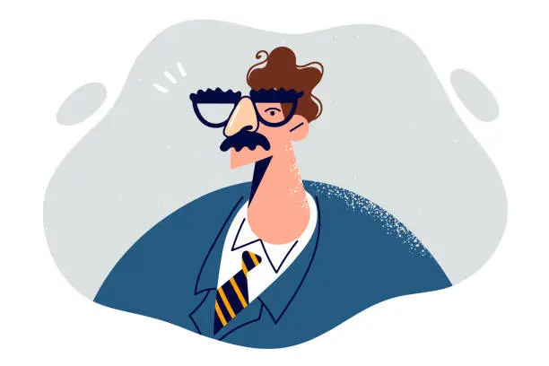 Vector illustration of Funny mustachioed business man in glasses, dressed in formal suit and works as manager or supervisor