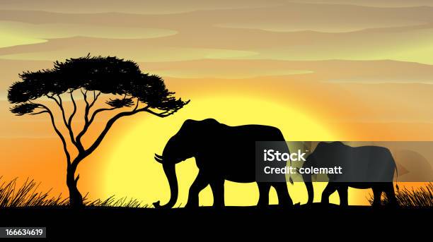 Слон Под Дерево — стоковая векторная графика и другие изображения на тему Африка - Африка, Векторная графика, Вечерние сумерки