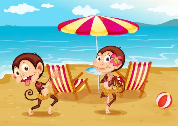 Vector illustration of Beach with two monkeys