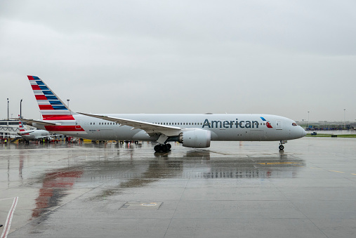 American Airlines Boeing 787-9 Dreamliner aircraft with registration N828AA taxiing at Chicago O'Hare International Airport in May 2022