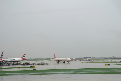 Air India Boeing 777-337ER aircraft with registration VT-ALU taxiing at Chicago O'Hare International Airport in May 2022