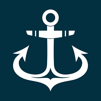Stylized cut out silhouette of nautical anchor - vector icon in white color on a blue/dark background