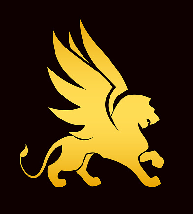 Stylized cutout silhouette of a golden lion with wings and raised paw