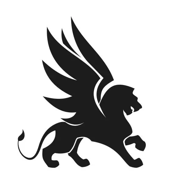 Vector illustration of Lion with wings. Winged lion cut out silhouette