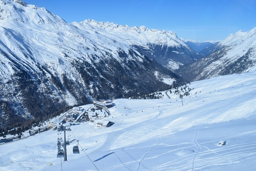 Aerial view of the snow-covered village Lech during winter