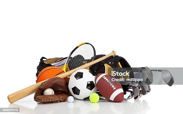 Assorted Sports Equipment On A White Background Stock Photo - Download Image Now - White Background, No People, Baseball Bat